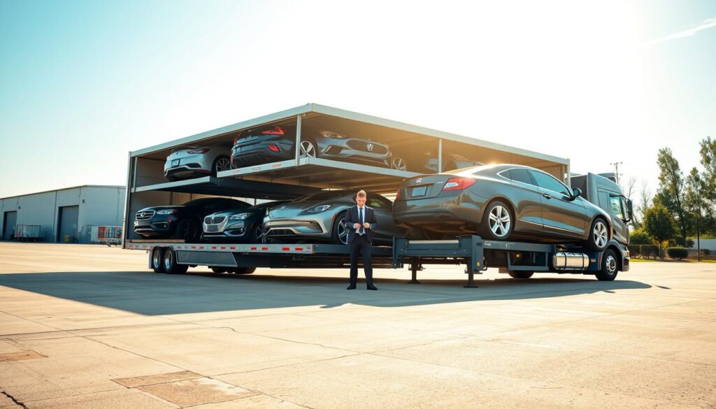 A professional vehicle transport service scene in Ecorse, Michigan. The foreground features a sleek, well-organized car transport truck, with several vehicles securely loaded in an elegant arrangement. In the middle ground, a professional driver in business attire inspects the transport trailer, showcasing dedication and commitment. The background displays a clear blue sky with soft sunlight illuminating the scene, enhancing the color of the vehicles and truck. Emphasize the industrial setting with a hint of the Ecorse landscape, including nearby warehouses and trees. Use a wide-angle lens to capture the entire transport setup, instilling a sense of reliability and professionalism in the atmosphere, while ensuring the overall mood reflects trust and efficiency in vehicle shipping.