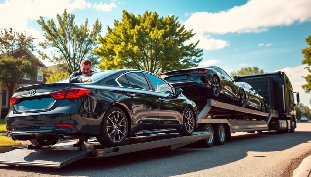 A professional vehicle transport service scene in Grosse Pointe Park, Michigan. In the foreground, a shiny car being loaded onto a sleek transport truck, with the driver in a business suit, showcasing professionalism. The middle ground features a well-maintained auto transport truck with multiple vehicles securely positioned, highlighting the logistics of car shipping. In the background, a peaceful suburban street lined with trees under a bright blue sky, creating a sense of community and reliability. Soft, natural lighting enhances the scene's warmth, with a slight angle from above to capture both the truck and the cars effectively. The atmosphere conveys trustworthiness and expertise in vehicle transport services.