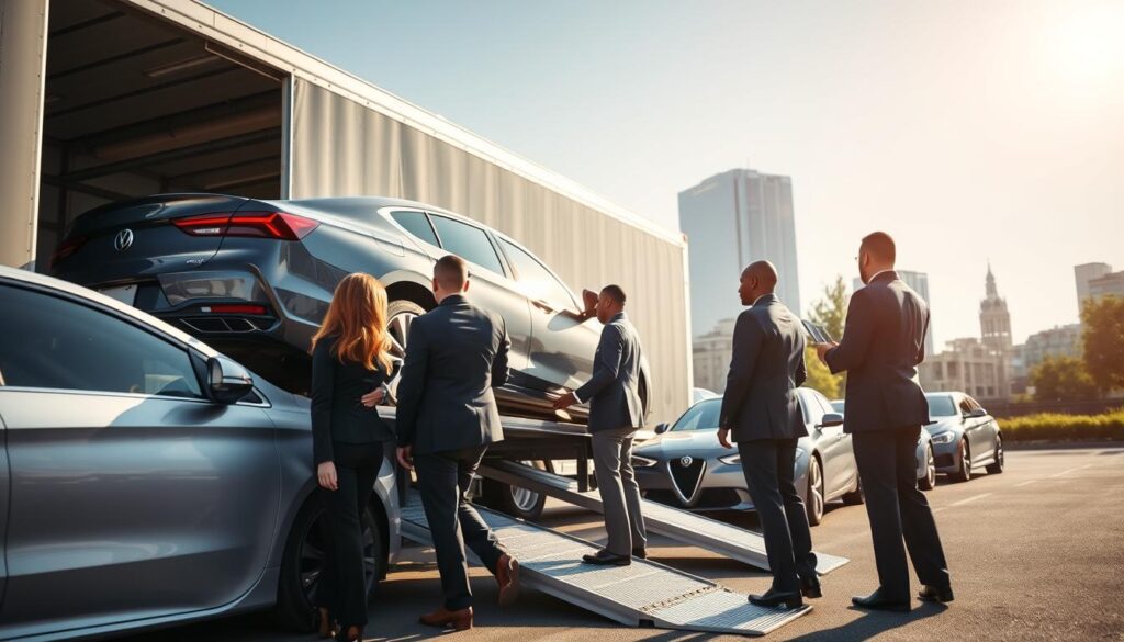 A professional vehicle transport team at work, featuring a diverse group of individuals dressed in smart business attire, actively loading a shiny car onto a modern transport truck. In the foreground, the team engages in a coordinated effort, showcasing teamwork and professionalism. The middle ground displays a sleek vehicle transport truck with a ramp, surrounded by well-maintained cars waiting for shipment. In the background, a sunny cityscape of Charlotte, Michigan, subtly blends with greenery, enhancing the feel of a vibrant service environment. The scene is illuminated by warm sunlight, creating a welcoming, efficient atmosphere. The angle captures the hustle of the transport process, emphasizing safety and reliability in vehicle shipping.