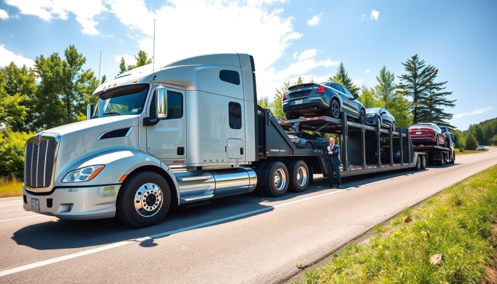 A reliable auto transport scene in Walker, Michigan, featuring a sleek, modern car carrier truck parked on a well-maintained road. In the foreground, show the truck showcasing its capacity with multiple vehicles securely loaded, emphasizing safety and efficiency. In the middle, include a chartered service office with a friendly professional in business attire discussing logistics with a satisfied customer, highlighting trust and service quality. The background should depict an iconic Michigan landscape with lush greenery and a clear blue sky, conveying a sense of reliability and peace of mind. Use bright, natural lighting to create an inviting atmosphere, with a focus on a wide-angle perspective to capture the entire scene harmoniously.
