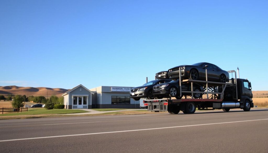 A reliable auto transport scene set in Harrison, Michigan, featuring a modern car carrier truck loaded with various vehicles, showcasing a sleek sedan, an SUV, and a vintage car. In the foreground, the truck is parked on a clear roadside, revealing the shiny, well-maintained vehicles being transported. In the middle ground, a small office building with a welcoming facade represents an auto transport company, complete with a blue sky and subtly green trees. The background features a scenic view of Harrison's small-town charm, including rolling hills and open fields bathed in warm sunlight. The atmosphere is calm and professional, evoking trust and reliability in car shipping services, captured from a slightly elevated angle to highlight the vehicles and surroundings.