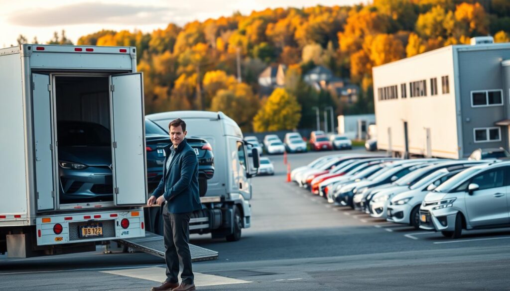 A reliable car shipping and auto transport scene in Benzonia, Michigan. In the foreground, a professionally attired logistics coordinator inspects a white delivery truck loaded with various vehicles, showcasing a sleek sedan and an SUV. The middle ground features a well-organized car transport yard with neatly parked vehicles, displaying a mix of brands and colors. In the background, the picturesque Benzonia skyline, complete with lush greenery and autumn foliage, creates a serene and inviting atmosphere. The scene is illuminated by soft, natural daylight, enhancing the trustworthiness and professionalism of the car shipping industry. The overall mood is one of reliability and efficiency, capturing the essence of dependable auto transport services. The perspective is from a slight elevation, providing a comprehensive view of the entire setting.