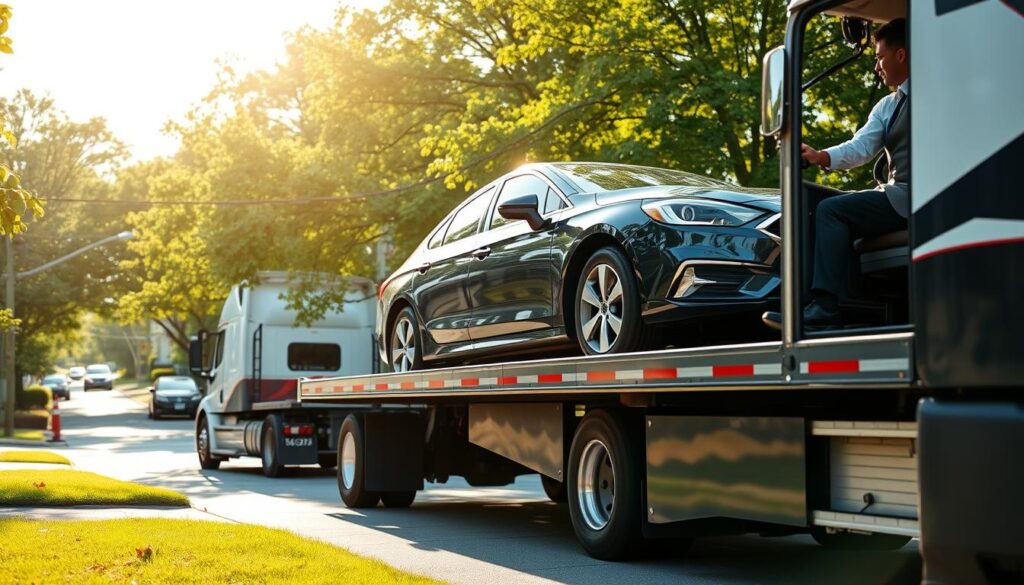 A reliable car shipping scene in Berkley, Michigan. In the foreground, a well-maintained transport truck is loading a sleek, modern sedan onto its flatbed, showcasing a professional driver in a neat uniform, focused and attentive. In the middle ground, a suburban street lined with vibrant green trees and charming homes, capturing the essence of Berkley. The background features soft sunlight filtering through the leaves, creating a warm and inviting atmosphere. The scene is framed with a slight downward angle, emphasizing the car and truck interaction. Bright, natural lighting casts gentle shadows, enhancing the professionalism and reliability of the car shipping process. Overall, the image conveys trust and efficiency in auto transport, perfect for illustrating reliable car shipping services.