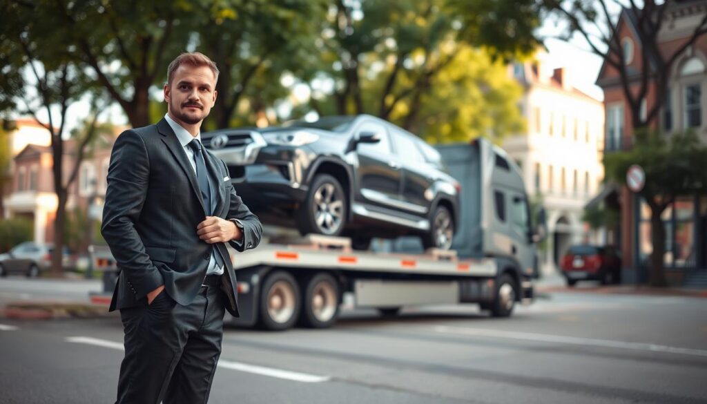 A reliable car shipping scene set in Hamtramck, Michigan. In the foreground, a professional driver in a smart business attire stands next to a shiny, well-maintained vehicle loaded onto a modern transport truck, showcasing the careful handling of auto transport. In the middle ground, the truck is parked on a quiet street lined with trees, emphasizing the community aspect of Hamtramck. The background features distinctive local architecture, hinting at the city's unique character. Soft, natural lighting bathes the scene, suggesting a pleasant afternoon. A slight depth of field effect enhances focus on the driver and the car, creating an atmosphere of trust and professionalism in car shipping. No text or people besides the driver are present to maintain visual clarity.