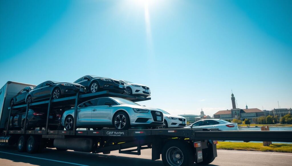 A reliable car shipping scene set in Monroe, Michigan. In the foreground, a well-maintained transport truck loaded with various cars, showcasing different makes and models securely fastened. The middle ground features a bright, sunny day with clean, blue skies, reflecting optimism and professionalism. In the background, the iconic landscapes of Monroe, including a glimpse of local landmarks or the river, to contextualize the setting. The light is bright and natural, enhancing the vibrancy of the scene, while the angle captures the truck in an upward perspective, emphasizing reliability and strength. The atmosphere conveys a sense of trust and dependability in the auto transport industry, highlighting a seamless process.