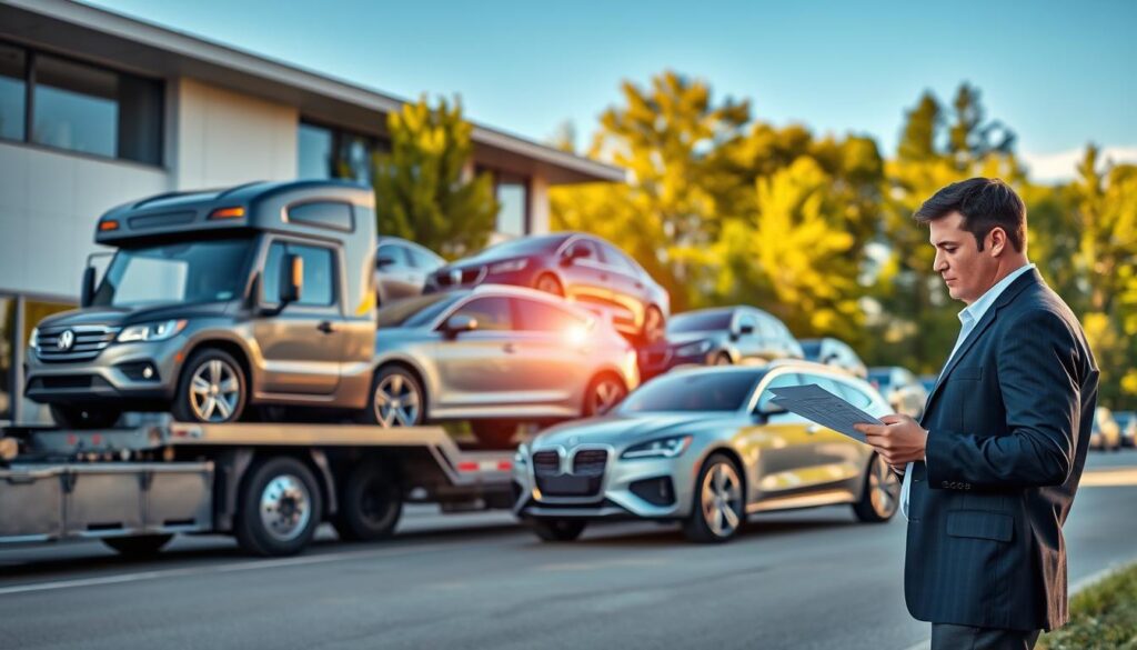 A reliable car shipping scene set in Petoskey, Michigan, featuring a well-maintained transport truck loaded with various cars, including sedans and SUVs, parked in front of a modern auto transportation hub. In the foreground, a professional driver in business attire checks paperwork, exuding confidence and reliability. The middle ground highlights the transport truck, with sunlight glinting off the polished vehicles. In the background, serene Michigan scenery showcases green trees and a clear blue sky, indicating a safe transit environment. The scene is well-lit, with a warm afternoon sunlight creating a welcoming atmosphere, and captured from a slightly elevated angle to emphasize the scale of the operation.