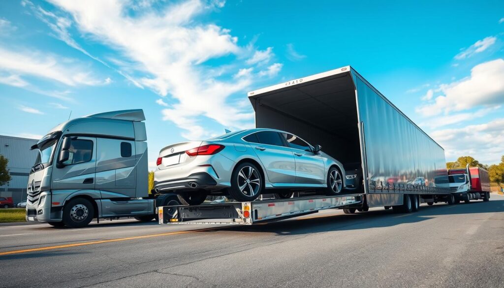 A reliable car shipping scene set in Warren, Michigan, showcasing a professional auto transport business. In the foreground, a sleek, modern transport truck is loading a shiny vehicle onto its trailer, emphasizing efficiency and care. The driver, dressed in a neat uniform, ensures the car is securely strapped down. In the middle ground, a well-equipped logistics center is visible, with vehicles in various stages of shipping. Background elements include a clear blue sky with soft clouds and the iconic landscape of Warren, featuring industrial buildings and trees. The lighting is bright and natural, creating a welcoming atmosphere that conveys trust and professionalism. The angle should provide a slight aerial view, capturing the comprehensive operation of reliable car shipping.