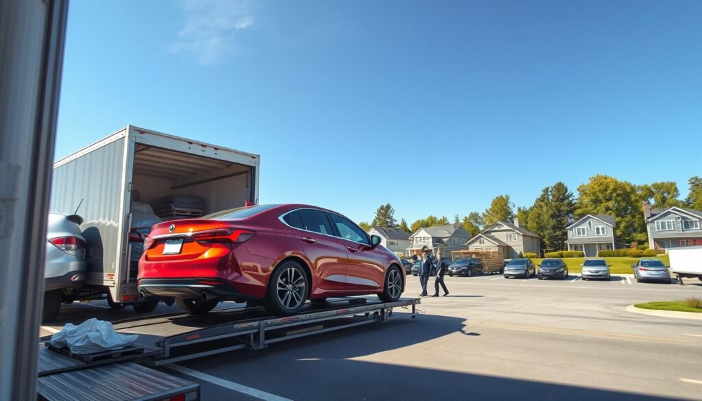 A reliable car shipping service in Clare, Michigan, depicted in a sunny, clear blue sky environment. In the foreground, a professional-looking transport truck is loading a shiny, modern car with vibrant colors, surrounded by neatly arranged packing materials. In the middle ground, a well-organized auto transport yard features several vehicles waiting to be shipped, with staff members dressed in business attire, working efficiently. In the background, a picturesque view of Clare's suburban area with green trees and neat residential homes establishes a calm and trustworthy ambiance. Use soft, natural lighting to enhance the scene’s friendly and dependable atmosphere, capturing the essence of reliable service in auto transport. The perspective should be slightly elevated, showcasing the entire shipping operation clearly.