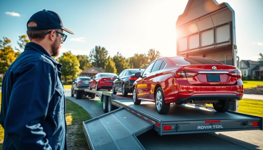 A reliable car shipping service in a suburban setting in Three Rivers, Michigan. In the foreground, a professional driver in a blue uniform is inspecting a shiny, red sedan being loaded onto an open transport truck. The middle layer features the robust transport truck with several secured vehicles, showcasing a fleet that emphasizes reliability and safety. In the background, you can see a peaceful Michigan landscape with green trees, a clear blue sky, and a hint of residential homes, exuding a feeling of trustworthiness and community spirit. The lighting is bright and natural, suggesting a sunny day, with a slight lens flare to enhance the optimism of the scene. The mood is positive and conveys a sense of assurance in car shipping services.