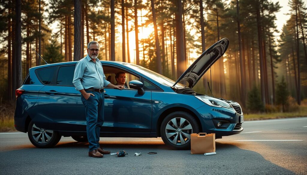 A roadside scene depicting a car with its hood open, surrounded by a serene forested backdrop during early morning light. In the foreground, a middle-aged driver dressed in smart casual attire inspects the engine, displaying a look of concern. The vehicle, a compact sedan, is painted a deep blue and reflects the soft sunlight filtering through the trees. In the middle ground, a few tools are scattered on the ground, and a small roadside emergency kit is visible beside the car. The mood is tense yet calm, capturing the essence of a stranded driver’s dilemma. The lighting should be soft and warm, emphasizing the early hour, while the background features tall trees that create a sense of isolation. A gentle mist clings to the ground, enhancing the atmosphere of uncertainty and caution. A roadside scene depicting a car with its hood open, surrounded by a serene forested backdrop during early morning light. In the foreground, a middle-aged driver dressed in smart casual attire inspects the engine, displaying a look of concern. The vehicle, a compact sedan, is painted a deep blue and reflects the soft sunlight filtering through the trees. In the middle ground, a few tools are scattered on the ground, and a small roadside emergency kit is visible beside the car. The mood is tense yet calm, capturing the essence of a stranded driver’s dilemma. The lighting should be soft and warm, emphasizing the early hour, while the background features tall trees that create a sense of isolation. A gentle mist clings to the ground, enhancing the atmosphere of uncertainty and caution.