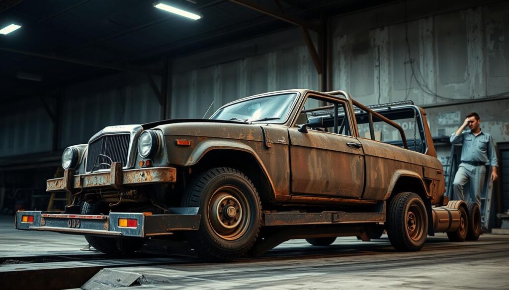 A rugged, inoperable vehicle being loaded onto a flatbed truck in a dimly lit, industrial setting. In the foreground, a rusty, broken-down car with flat tires and a weathered exterior is positioned next to the truck, showcasing its difficulties. In the middle ground, a professional driver, dressed in practical work attire, is carefully inspecting the vehicle's damaged state, displaying an air of determination. The background features a warehouse with faded paint and scattered tools, under soft overhead lighting that creates shadows, evoking a sense of challenge and urgency. The overall atmosphere feels tense yet focused, highlighting the complexities of shipping inoperable vehicles.