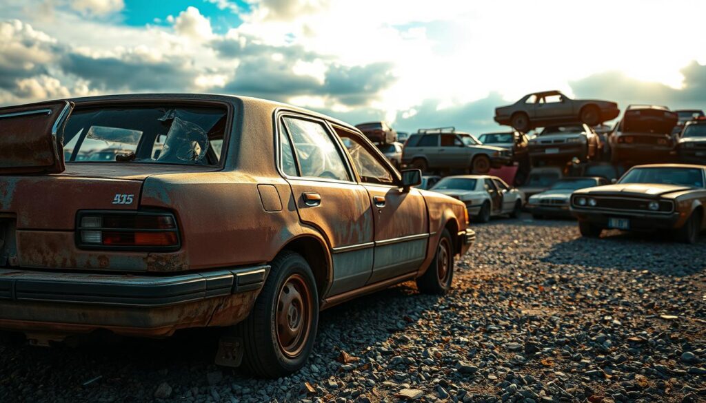 A salvage car in a state of disrepair sits prominently in the foreground, showcasing visible dents, rust, and shattered glass. The vehicle should be an older model, possibly a sedan, with a faded paint job that hints at its former glory. In the middle ground, a gravelly lot is filled with other damaged cars, some piled on top of each other, emphasizing the chaotic environment of a salvage yard. The background features a bright blue sky contrasting with overcast clouds, creating a dramatic yet somber atmosphere. Golden hour lighting casts warm highlights on the rusted metal surfaces while shadows deepen the crevices, enhancing the mood of neglect and abandonment. The composition should be captured with a slightly low-angle shot, adding a sense of grandiosity to the salvage scene, without any human presence or text. A salvage car in a state of disrepair sits prominently in the foreground, showcasing visible dents, rust, and shattered glass. The vehicle should be an older model, possibly a sedan, with a faded paint job that hints at its former glory. In the middle ground, a gravelly lot is filled with other damaged cars, some piled on top of each other, emphasizing the chaotic environment of a salvage yard. The background features a bright blue sky contrasting with overcast clouds, creating a dramatic yet somber atmosphere. Golden hour lighting casts warm highlights on the rusted metal surfaces while shadows deepen the crevices, enhancing the mood of neglect and abandonment. The composition should be captured with a slightly low-angle shot, adding a sense of grandiosity to the salvage scene, without any human presence or text.