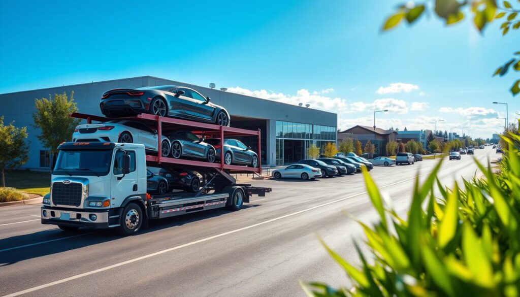 A scenic view of a Michigan car shipping scene showcasing a car transport truck loaded with various vehicles, parked in front of a modern auto transport facility. In the foreground, include vibrant Michigan greenery and a clear blue sky, with soft, natural lighting that conveys a sunny day. In the middle ground, feature an expansive parking lot with freshly arrived cars waiting for shipment, some sparkling in the sunlight. In the background, capture the essence of Saline, Michigan, with soft-focus buildings and trees lining the street. The atmosphere is professional and welcoming, reflecting the efficiency of car shipping services in the area. Aim for a wide-angle shot that showcases all elements harmoniously, ensuring the image feels dynamic yet organized.