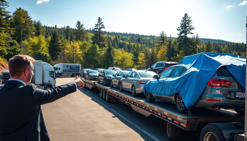 A scenic view of a busy car shipping terminal in Interlochen, Michigan, featuring various vehicles being loaded onto transport trucks. In the foreground, two professional workers in business attire oversee the operations, pointing towards the trucks. The middle layer showcases a diverse array of cars, including sedans, SUVs, and trucks, being carefully positioned on an extended car carrier, with bright blue tarps covering some vehicles. In the background, lush Michigan forest landscape under a clear blue sky offers a beautiful contrast, with gentle sunlight casting soft shadows. The atmosphere is bustling yet organized, capturing the essence of the auto transport industry in a serene, picturesque setting. Shot in natural lighting, from a slightly elevated angle to encompass both the terminal activity and the natural beauty surrounding it.