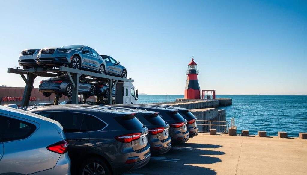 A scenic view of a car shipping terminal in Grand Haven, Michigan on a sunny day. In the foreground, a row of well-maintained vehicles, including sedans and SUVs, are lined up on a loading dock, prepared for transport. The middle ground features a large car carrier truck, with vehicles securely loaded in its upper deck, showcasing the logistics of auto transport. The background reveals the tranquil waters of Lake Michigan under a clear blue sky, with a hint of the Grand Haven lighthouse in the distance. The scene is illuminated by warm, natural sunlight, creating a bright and hopeful atmosphere. Use a wide-angle lens perspective to capture the entire setting, highlighting both the vehicles and the surrounding landscape.