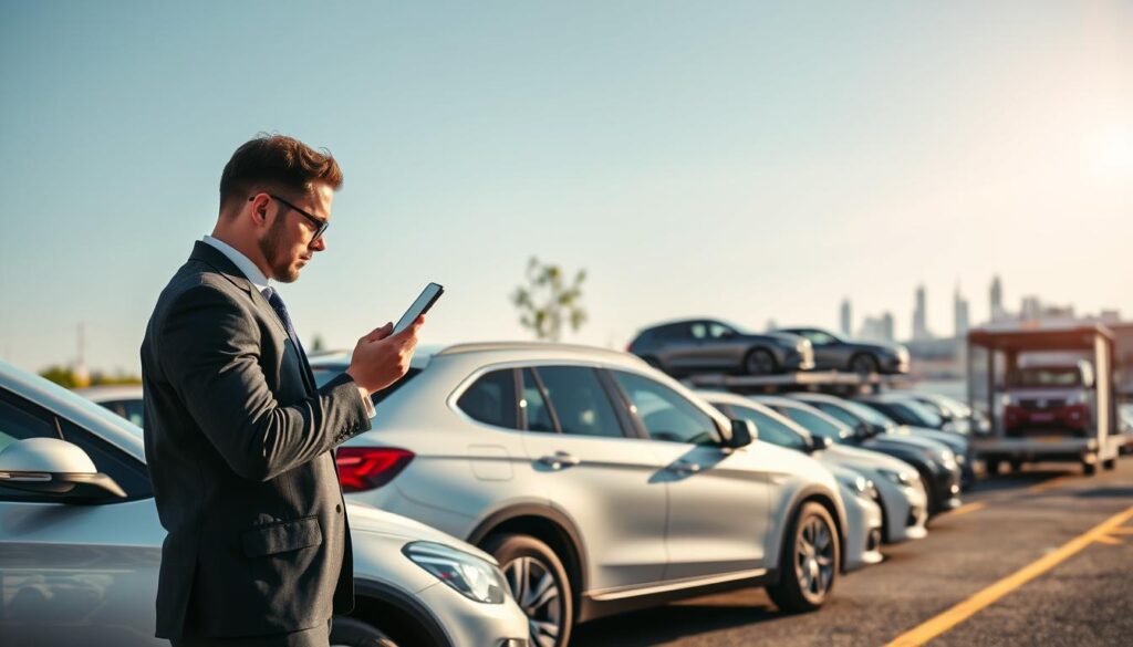 A scenic view of a car shipping yard in Milan, Michigan, featuring a row of pristine vehicles ready for transport. In the foreground, a professional driver in a smart uniform inspects one of the cars, showcasing attention to detail. The middle ground includes an open-car carrier truck loaded with various vehicles, indicating the shipping process in action. In the background, the skyline of Milan, Michigan, is visible, adding a local touch with a few trees and a clear blue sky. Soft, natural lighting highlights the scene, creating a warm and inviting atmosphere. The angle is slightly elevated, capturing a wide view of the yard, emphasizing both the vehicles and the professional operation of car shipping.