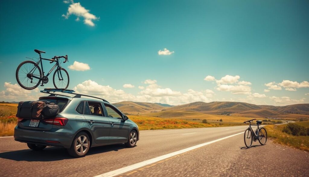 A scenic view of a moving car, packed for relocation, driving along a picturesque highway towards a new state. In the foreground, the car, a mid-sized sedan, is loaded with luggage and a bicycle on a rack, symbolizing a fresh start. The middle ground features a grassy landscape dotted with vibrant wildflowers, while in the background, rolling hills rise beneath a clear blue sky with fluffy white clouds. The sunlight casts a warm, golden hue, evoking feelings of optimism and new beginnings. A professional individual, dressed in smart casual attire, can be seen in the driver’s seat, looking ahead determinedly, emphasizing the choice of moving rather than repairing. The perspective is slightly tilted to capture the movement and energy of the journey. A scenic view of a moving car, packed for relocation, driving along a picturesque highway towards a new state. In the foreground, the car, a mid-sized sedan, is loaded with luggage and a bicycle on a rack, symbolizing a fresh start. The middle ground features a grassy landscape dotted with vibrant wildflowers, while in the background, rolling hills rise beneath a clear blue sky with fluffy white clouds. The sunlight casts a warm, golden hue, evoking feelings of optimism and new beginnings. A professional individual, dressed in smart casual attire, can be seen in the driver’s seat, looking ahead determinedly, emphasizing the choice of moving rather than repairing. The perspective is slightly tilted to capture the movement and energy of the journey.