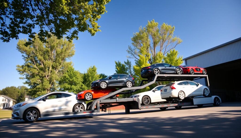 A scenic view of a professional car shipping service in Mount Pleasant, Michigan. In the foreground, a sleek, shiny transport truck loaded with various cars, showcasing their vibrant colors. The middle ground features a backdrop of green trees typical of the Michigan landscape, under a clear blue sky. The sunlight casts soft shadows, creating a warm, inviting atmosphere. A warehouse with large doors is visible, hinting at the logistics involved in auto transport. The scene conveys a sense of efficiency and professionalism. The angle captures the truck at a slight tilt, emphasizing its size and the beauty of the cars. The setting reflects a safe and reliable car transport service in a tranquil Michigan neighborhood, without any people or distractions present.