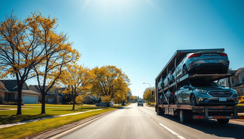 A scenic view of a vehicle transport truck loaded with cars, focusing on a bright, sunny day in Trenton, Michigan. In the foreground, the truck is parked on a well-maintained road, showcasing a variety of vehicles, such as SUVs and sedans, securely transported. In the middle ground, ornate trees typical of Michigan line the road, offering a glimpse of the town's suburban charm. The background features soft, blurred outlines of residential homes under a clear blue sky, contributing to an inviting atmosphere. Use warm, natural lighting to create a sense of reliability and professionalism, captured from a low camera angle for emphasis, accentuating the scale and significance of the car shipping service.
