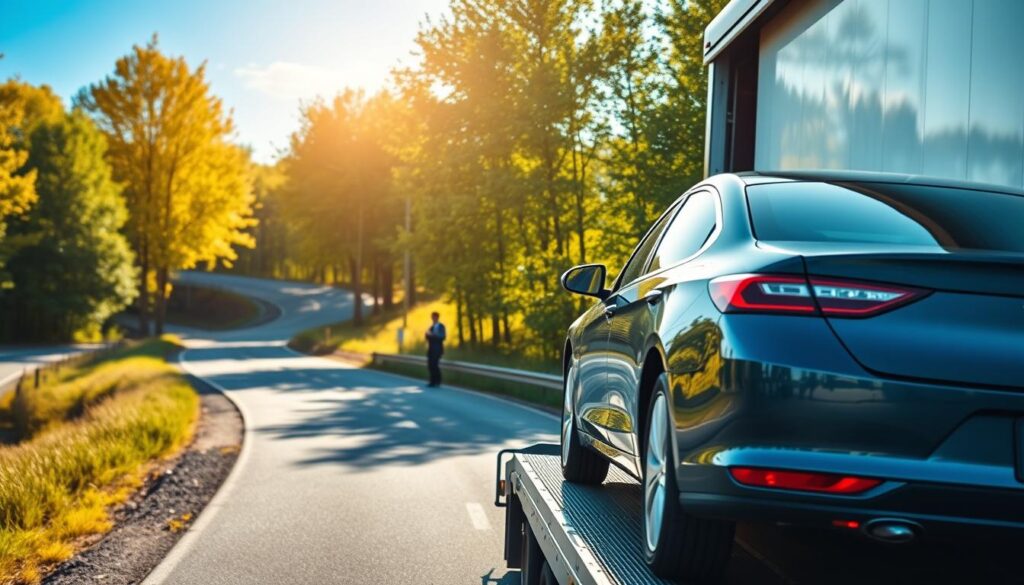 A serene and professional scene depicting reliable auto transport in Kalkaska, Michigan. In the foreground, a sleek, shiny car is being loaded onto a modern car carrier truck, with a driver in business attire ensuring a smooth operation. The middle ground features a winding road lined with lush trees, showcasing the scenic beauty of Michigan. The background captures a clear blue sky with soft, diffused sunlight illuminating the scene, creating a warm and inviting atmosphere. The angle is slightly elevated, providing a dynamic view of the car transport process while emphasizing the reliability and professionalism of the service. The mood is calm and efficient, highlighting the trustworthiness of auto transport services in this region.