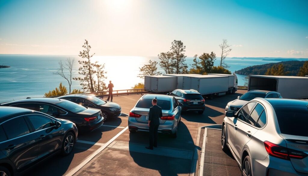 A serene daytime scene overlooking the beautiful Grand Traverse Bay, showcasing a modern car shipping facility in Traverse City, Michigan. In the foreground, a variety of vehicles, including sedans and SUVs, are meticulously lined up on a loading dock ready for transport. A professional in business attire is overseeing the loading process, ensuring everything runs smoothly. The middle ground features large transport trucks with enclosed car carriers, positioned for loading. In the background, the calming blue waters of Lake Michigan glisten under the bright sunlight, with trees and hills framing the picturesque landscape. The lighting is warm and inviting, enhancing the tranquil atmosphere. Shot from a slightly elevated angle to capture the full scope of the operation, conveying a sense of professionalism and efficiency in car shipping.
