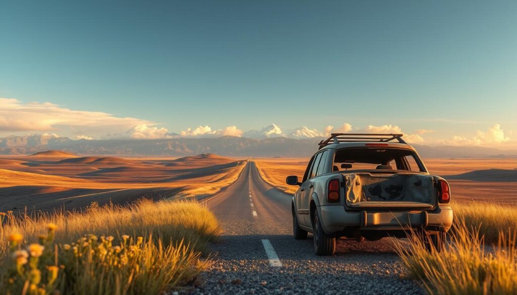 A serene landscape depicting a broken-down car on the side of a long, open highway stretching into the horizon. In the foreground, a rusty vehicle sits on the roadside, surrounded by wildflowers and tall grass, highlighting the feeling of abandonment. The middle ground features a winding road that runs through gentle hills, leading towards a distant mountain range against a clear blue sky. The background includes soft clouds illuminating the scene with golden sunlight, evoking a sense of hope and possibility. The composition is captured from a low angle, emphasizing the vastness of the landscape and the journey ahead, creating a mood of contemplation and the need for reliable transport solutions.