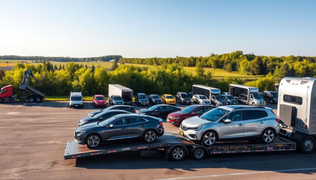 A serene landscape depicting various vehicle transport options in Standish, Michigan. In the foreground, a well-organized vehicle loading area featuring a professional truck transporting automobiles, showcasing sleek cars in a variety of colors. In the middle ground, a fleet of diverse transport vehicles such as enclosed car haulers and flatbed trucks, with a few cars being unloaded and prepared for delivery. The background features lush greenery and clear blue skies, enhancing the atmosphere of reliability and efficiency. Soft, natural daylight illuminates the scene, giving a fresh and inviting feel. Use a wide-angle lens to capture an expansive view that conveys the comprehensive nature of vehicle transport solutions, while ensuring all vehicles are prominently displayed without any human subjects.