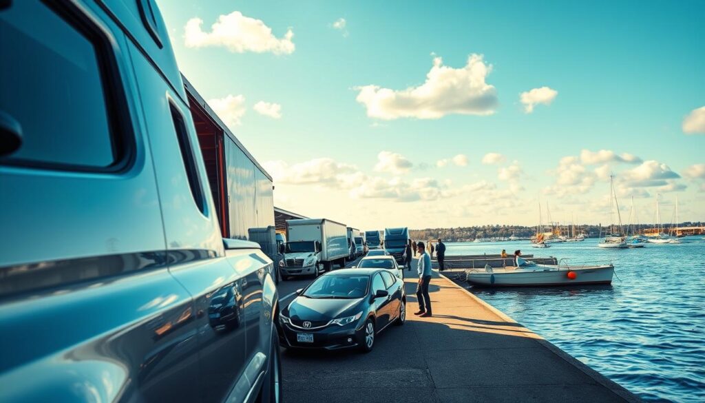A serene scene of auto transport in Ludington, Michigan, showcasing a modern transport truck unloading vehicles by the picturesque waterfront. In the foreground, a sleek vehicle glistens under the midday sun, highlighting its polished surface. The middle ground features a well-organized line of cars and trucks awaiting transport, with professional personnel dressed in smart casual attire efficiently unloading vehicles, embodying a city-smart logistics approach. In the background, the scenic Ludington harbor is visible, with boats gently swaying on the water under a bright blue sky filled with soft clouds. The image is warmly lit, capturing a vibrant, industrious atmosphere that reflects professionalism and efficiency in auto transport logistics.
