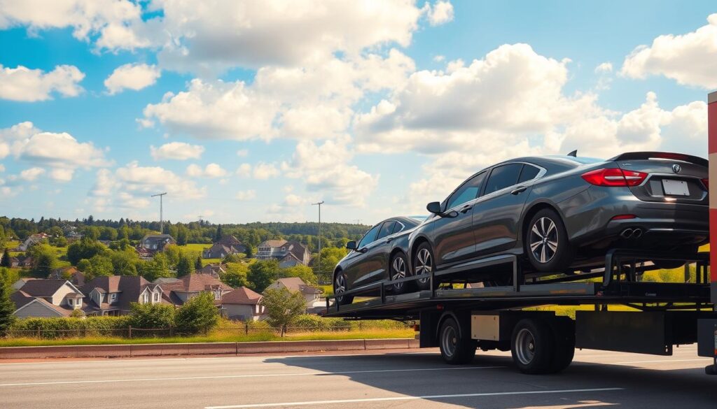 A serene scene showcasing vehicle transport in Huron Township, Michigan. In the foreground, a modern car carrier truck is loaded with various types of vehicles, including sedans and SUVs, all securely strapped down. In the middle ground, a picturesque view of Huron Township's landscape features lush greenery and suburban homes, capturing the essence of the area. The background features a clear blue sky with soft, fluffy clouds, bathed in warm, natural sunlight that gives the scene an inviting atmosphere. The composition is framed at a slight angle to emphasize both the transport truck and the scenic surroundings, creating a balanced and professional look. The overall mood is calm and industrious, illustrating the important service of car shipping and auto transport in the region.