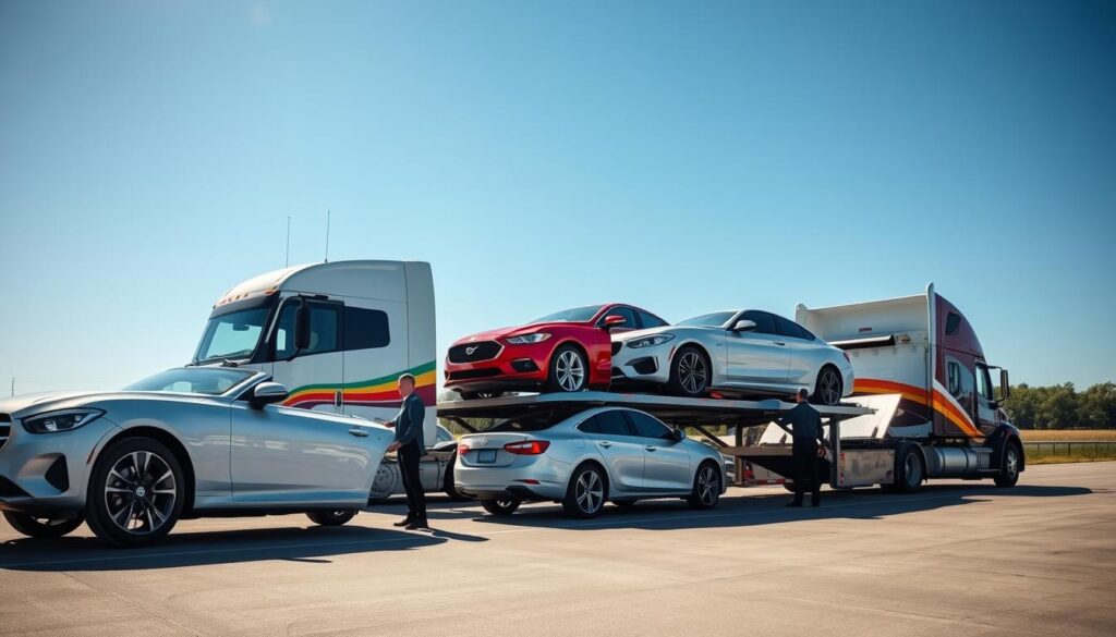 A serene vehicle shipping scene set at a busy auto transport terminal in Reed City, Michigan. In the foreground, a row of pristine cars being loaded onto a large car carrier truck, with workers clad in professional business attire carefully securing the vehicles. The middle ground features the car carrier truck, painted in bright colors, poised under a clear blue sky, hinting at a reliable and safe delivery process. In the background, a subtle view of Michigan’s lush greenery complements the scenery. Soft natural lighting casts gentle shadows, emphasizing the professionalism and commitment to safety in vehicle delivery. The atmosphere is one of trust and efficiency, embodying a seamless auto transport operation.