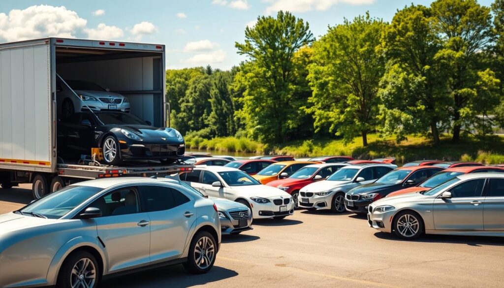 A serene, well-organized car shipping yard in Manistee, Michigan, featuring a variety of cars ready for transport. In the foreground, a professional auto transport truck is loading sedans and SUVs, showcasing the reliability of the shipping process. In the middle ground, neatly lined vehicles display vibrant colors under bright daylight, highlighting the efficiency of the operation. The background features the Manistee River and lush green trees, representing the local landscape. The scene is captured from a slightly elevated, wide-angle perspective, providing a clear view of the entire yard. The lighting is bright and cheerful, creating a trustworthy, dependable atmosphere to reflect the theme of reliable car shipping. A serene, well-organized car shipping yard in Manistee, Michigan, featuring a variety of cars ready for transport. In the foreground, a professional auto transport truck is loading sedans and SUVs, showcasing the reliability of the shipping process. In the middle ground, neatly lined vehicles display vibrant colors under bright daylight, highlighting the efficiency of the operation. The background features the Manistee River and lush green trees, representing the local landscape. The scene is captured from a slightly elevated, wide-angle perspective, providing a clear view of the entire yard. The lighting is bright and cheerful, creating a trustworthy, dependable atmosphere to reflect the theme of reliable car shipping.