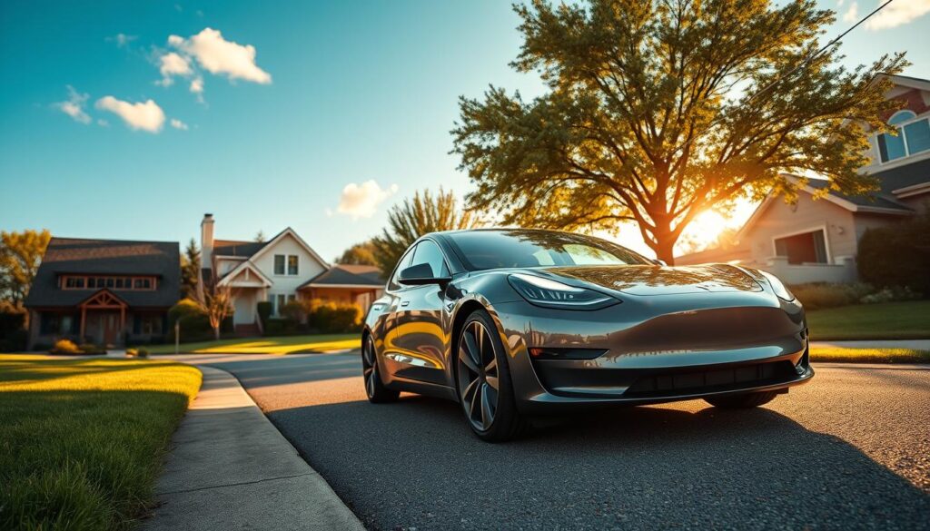 A sleek Tesla Model 3 parked on a suburban street, showcasing its modern design and elegance in the foreground. The car’s shiny metallic finish, capturing the sunlight, emphasizes its aerodynamic features. In the middle ground, soft green lawns and charming houses create a welcoming neighborhood atmosphere, while trees sway gently in the breeze. The background includes a clear blue sky with a few fluffy clouds, suggesting a bright, pleasant day. The scene is lit with warm, golden hour sunlight, casting gentle shadows and giving an inviting feel. The angle captures the car from a low perspective to highlight its striking silhouette, emphasizing both luxury and practicality, perfect for daily driving.