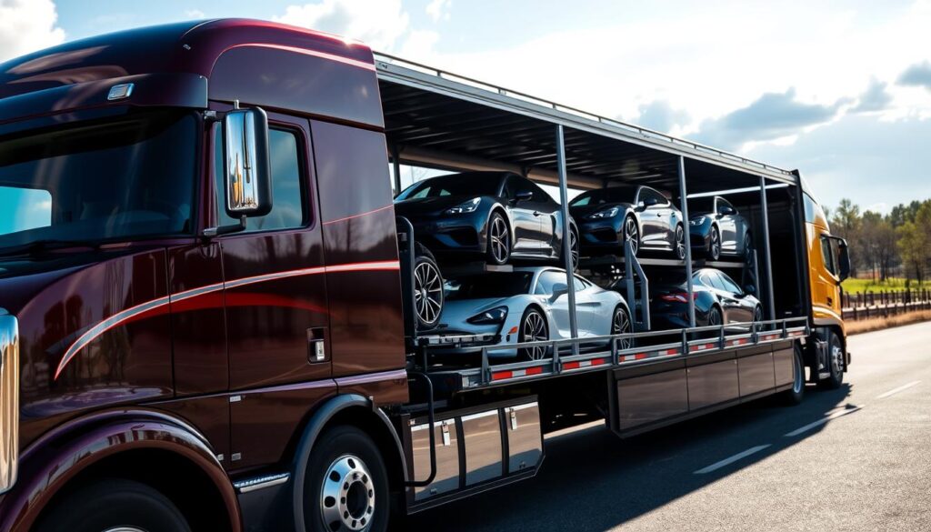 A sleek and modern car transport truck parked in Hazel Park, Michigan, showcasing several stylish vehicles securely loaded onto an open trailer. In the foreground, focus on the polished truck with vibrant paint reflecting sunlight, while the middle ground presents an array of different cars, including sedans and SUVs, displaying their glossy finishes. The background features the Michigan skyline, with clear blue skies and soft clouds, creating a serene atmosphere. The lighting is bright and natural, enhancing the colors of the vehicles and landscape. The overall mood conveys professionalism and efficiency in auto transport services, highlighting the commitment to safe and reliable car shipping in the region.