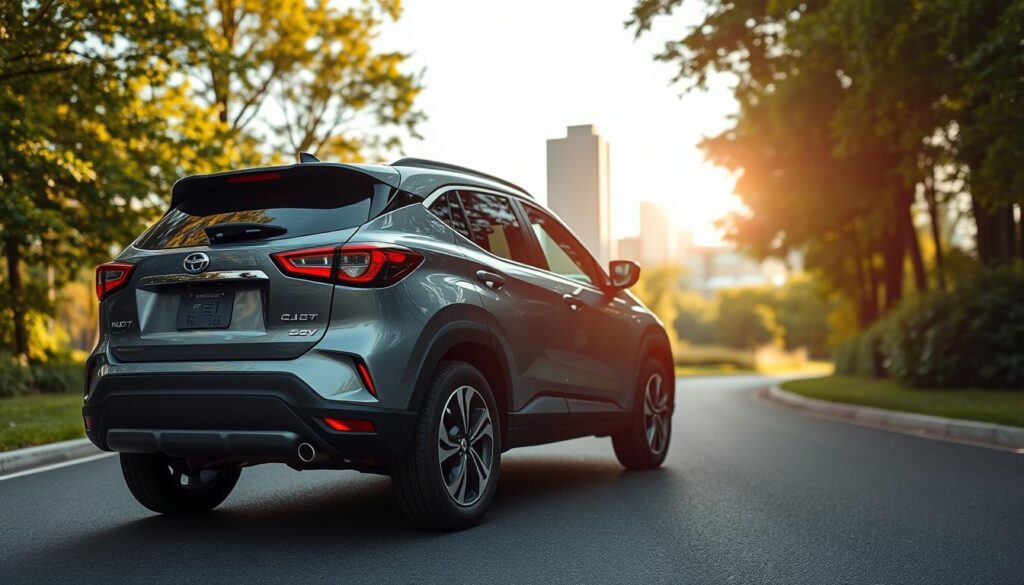A sleek and modern compact SUV in the foreground, showcasing its sporty design with sharp lines and a glossy finish. The vehicle is parked on a paved road that curves gently, framed by lush greenery on both sides, hinting at its versatile performance on urban and rural terrains. In the middle ground, soft sunlight filters through the trees, enhancing the SUV’s features and creating a warm, inviting atmosphere. The background shows a blurred cityscape, suggesting the compact SUV’s urban adaptability. Capture the scene from a low angle, emphasizing the vehicle’s stance and robust wheels, with a wide-angle lens that brings a sense of depth. The overall mood is optimistic and adventurous, embodying reliability and performance in versatile driving conditions.