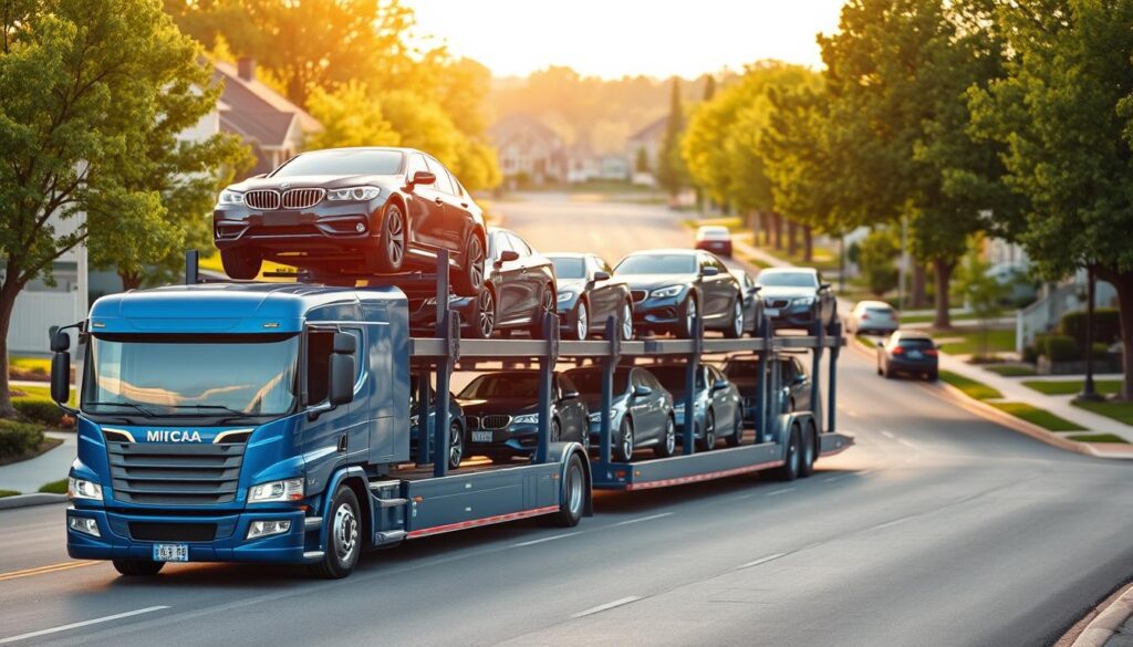 A sleek auto transport vehicle is centrally positioned in the foreground, showcasing its multi-level car carrier loaded with a variety of cars, including sedans and SUVs. The vehicle is painted in a vibrant blue, glinting under the sunlight. In the middle ground, a bustling Roseville, Michigan street scene features well-maintained roads and green trees lining the avenue, giving a sense of a sunny day. The background displays charming suburban homes that reflect Michigan's architectural style. Soft, warm lighting creates an inviting atmosphere, while the scene is captured from a slightly elevated angle, emphasizing the scale of the transport vehicle against the residential backdrop. The mood is professional and reliable, evoking trust in auto shipping services.