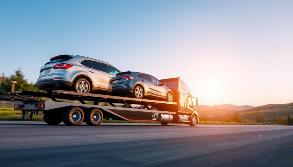 A sleek car carrier truck in the foreground, transporting multiple vehicles securely, showcasing a diverse range of cars including an SUV and a compact sedan. The middle ground features a serene backdrop of Coldwater, Michigan, with a clear blue sky and soft sunlight illuminating the scene, enhancing the professionalism of the auto transport service. In the background, gently rolling hills and trees typical of Michigan's landscape create an inviting atmosphere. The angle is slightly elevated, capturing the truck at an appealing perspective. The overall mood conveys trustworthiness and efficiency, emphasizing the professionalism and reliability of the car shipping service in a warm and welcoming environment. No human subjects are present, ensuring a focus on the service itself.