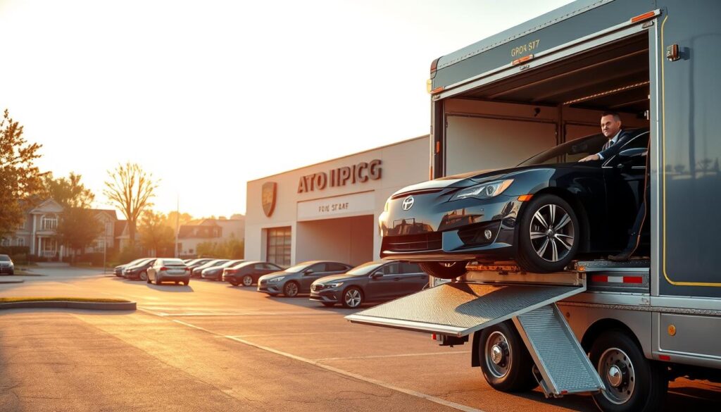 A sleek car shipping truck parked in the foreground, loading a luxury sedan with a shiny exterior, showcasing a professional driver in a crisp uniform overseeing the operation. In the middle ground, a modern auto transport facility with detailed branding signs, surrounded by well-maintained vehicles waiting for shipment. The background reveals the picturesque scenery of Grosse Pointe, Michigan, featuring tree-lined streets and charming residential architecture. The scene is illuminated by warm, natural lighting, suggesting a clear, sunny day, creating a welcoming and efficient ambiance. The angle is slightly elevated, capturing the entire operation from a dynamic perspective, emphasizing professionalism and reliability in car shipping and auto transport solutions.
