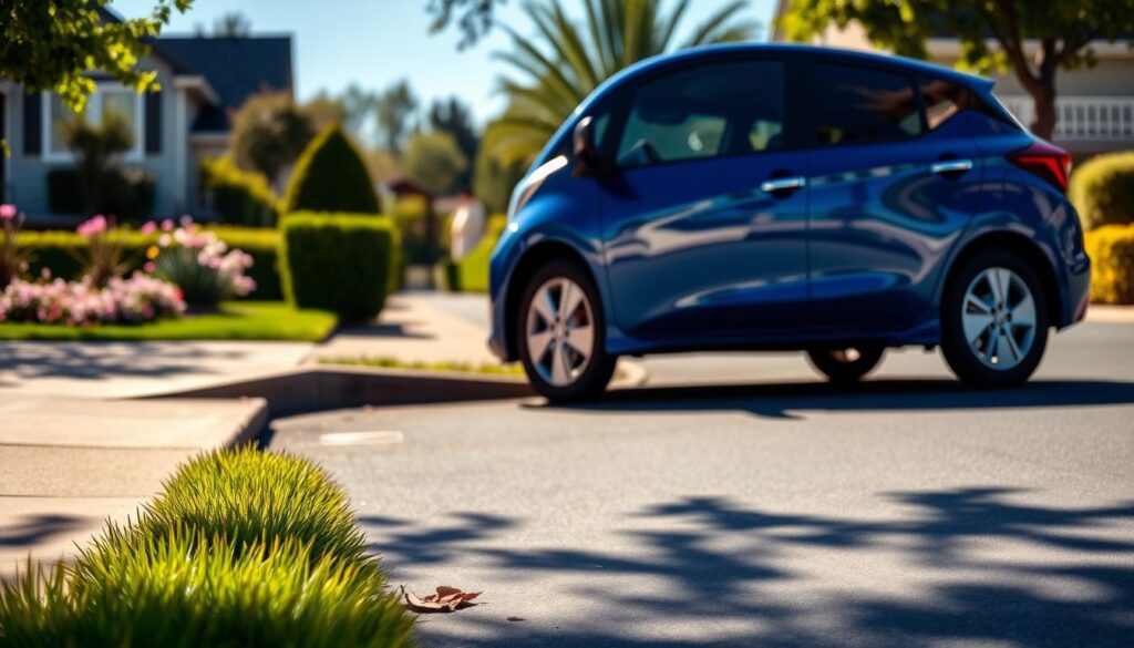 A sleek, modern Nissan Versa parked on a sunlit suburban street, showcasing its vibrant blue exterior and stylish design. In the foreground, focus on the car's gleaming contours, with reflections of surrounding greenery on its polished surface. The middle ground features a well-maintained sidewalk with blooming flowers and a hint of a family-friendly neighborhood in the background, including neatly trimmed hedges and cozy homes. Utilize natural lighting with a warm afternoon glow, capturing shadows that emphasize the car's elegant lines. The atmosphere is inviting and optimistic, evoking a sense of reliability and comfort. No people are present, allowing the vehicle to stand out as a capable choice for affordable transportation. A sleek, modern Nissan Versa parked on a sunlit suburban street, showcasing its vibrant blue exterior and stylish design. In the foreground, focus on the car's gleaming contours, with reflections of surrounding greenery on its polished surface. The middle ground features a well-maintained sidewalk with blooming flowers and a hint of a family-friendly neighborhood in the background, including neatly trimmed hedges and cozy homes. Utilize natural lighting with a warm afternoon glow, capturing shadows that emphasize the car's elegant lines. The atmosphere is inviting and optimistic, evoking a sense of reliability and comfort. No people are present, allowing the vehicle to stand out as a capable choice for affordable transportation.