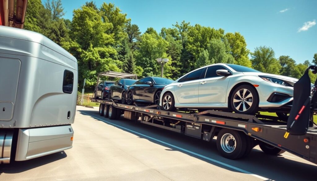 A sleek, modern auto transport truck hauling several pristine vehicles on a sunny day in Grand Ledge, Michigan. In the foreground, the truck is parked at a well-maintained loading dock, showcasing professional transport services. The middle ground features a diverse range of cars, including sedans, SUVs, and classic models, all securely loaded onto the transport trailer with visible safety straps. The backdrop reveals lush Michigan greenery and a clear blue sky, enhancing the sense of reliability and professionalism. Soft sunlight casts gentle shadows, creating a warm, inviting atmosphere. The angle captures the truck and cars from a low perspective, emphasizing their importance and the effectiveness of the transport service. No text, logos, or distractions present.