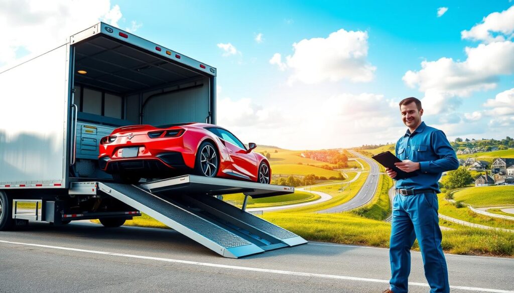 A sleek, modern auto transport truck is prominently displayed in the foreground, expertly loading a vibrant red sports car onto its carrier with hydraulic ramps. In the middle ground, a professional driver in a crisp blue uniform stands confidently beside the truck, overseeing the process with a clipboard in hand. The background features a suburban Macomb, Michigan skyline with well-maintained roads and gently rolling green landscapes, under a bright blue sky dotted with soft, white clouds. Natural sunlight casts warm, inviting rays across the scene, creating a sense of efficiency and professionalism. The overall mood is one of reliability and trust, capturing the essence of professional auto transport services.