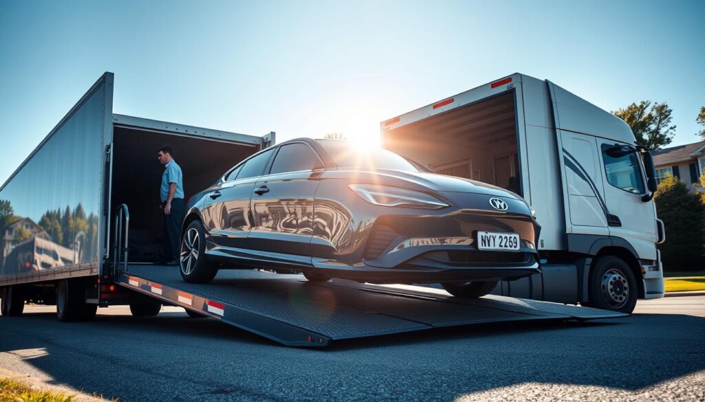 A sleek, modern car being loaded onto a car transport truck in Royal Oak, Michigan, showcasing a dynamic vehicle shipping scene. In the foreground, the car is shiny and detailed, reflecting sunlight against the backdrop of a clear blue sky. The middle layer features the transport truck, with its ramp extended and professional workers in smart casual attire managing the loading process. In the background, suburban homes and trees typical of Royal Oak create a familiar setting. The lighting is bright and natural, capturing the essence of a busy transportation day. The atmosphere is action-oriented yet professional, illustrating the efficient vehicle transportation process in a tranquil suburban backdrop. No text or watermarks in the image.
