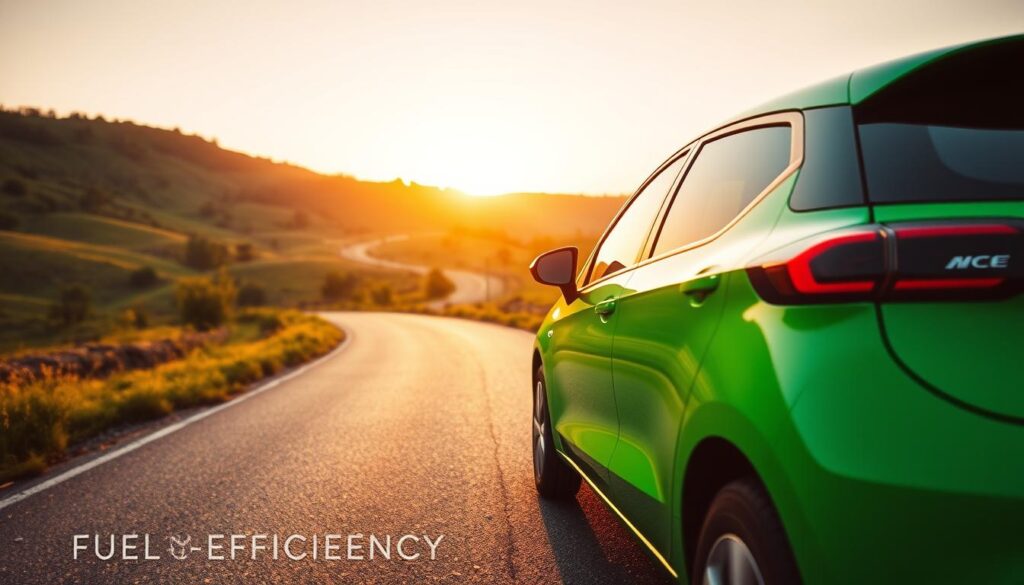 A sleek, modern car depicted from a low-angle perspective in the foreground, showcasing its aerodynamic design and fuel-efficient features. The vehicle is painted in a vibrant green color, symbolizing eco-friendliness, with energy-efficient badges visible. In the middle ground, a winding road stretches through a lush landscape, underscoring the journey of fuel efficiency. Rolling hills and green trees fill the backdrop, bathed in soft, golden hour lighting that creates a warm, inviting atmosphere. The setting sun adds a slight glow, emphasizing a sense of optimism and sustainability. The image conveys a feeling of innovation and progress, demonstrating the importance of fuel efficiency in today's automotive market.