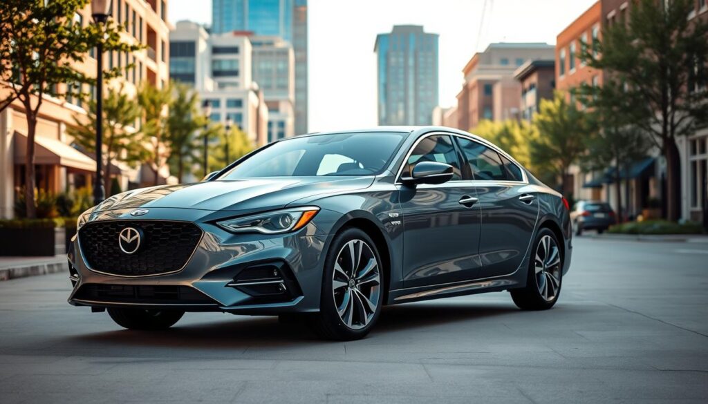 A sleek, modern car parked prominently in the foreground, representing an auto transport vehicle, with its polished surface reflecting the light. The car is situated on a smooth, clean pavement in Royal Oak, Michigan, showcasing the vibrant city vibe. In the middle ground, include a backdrop of a bustling city street lined with greenery, displaying a blend of residential and commercial buildings that represent Royal Oak. The atmosphere should be bright and inviting, with warm sunlight casting soft shadows, creating a professional yet approachable mood. Capture the scene from a slightly elevated angle as if viewed from above, emphasizing both the car and the context of the urban environment without any people present. Focus on clarity and realism, ensuring the car stands out as the focal point of the image.