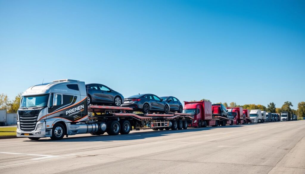 A sleek, modern car transport truck is parked in the foreground, showcasing several vehicles securely loaded on its flatbed. The truck's vibrant colors and professional branding highlight its transport service. In the middle ground, a well-organized vehicle transport yard features additional trucks and cars ready for shipment, conveying efficiency and reliability. The background includes a clear blue sky and slightly distant trees typical of Harper Woods, Michigan, suggesting a serene suburban atmosphere. Soft, natural daylight illuminates the scene, enhancing the sense of professionalism and trustworthiness. The overall mood is optimistic and dynamic, emphasizing the dedication to high-quality vehicle transport services. No people are present in the image, ensuring a focus on the transport services themselves.
