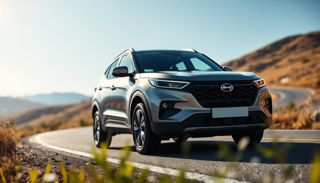 A sleek, modern compact SUV parked dynamically on a winding road, showcasing its stylish design and compact size. The vehicle is portrayed from a slightly elevated angle, highlighting its aerodynamic silhouette and prominent front grille. In the foreground, a hint of lush greenery adds a touch of nature, while in the middle ground, the SUV sits against a blurred backdrop of rolling hills under a bright blue sky. The sunlight casts soft shadows emphasizing the contours of the car. A warm, inviting atmosphere suggests adventure and reliability, ideal for families and urban explorers alike. The scene captures both the excitement of travel and the practical appeal of this trusted transport solution.