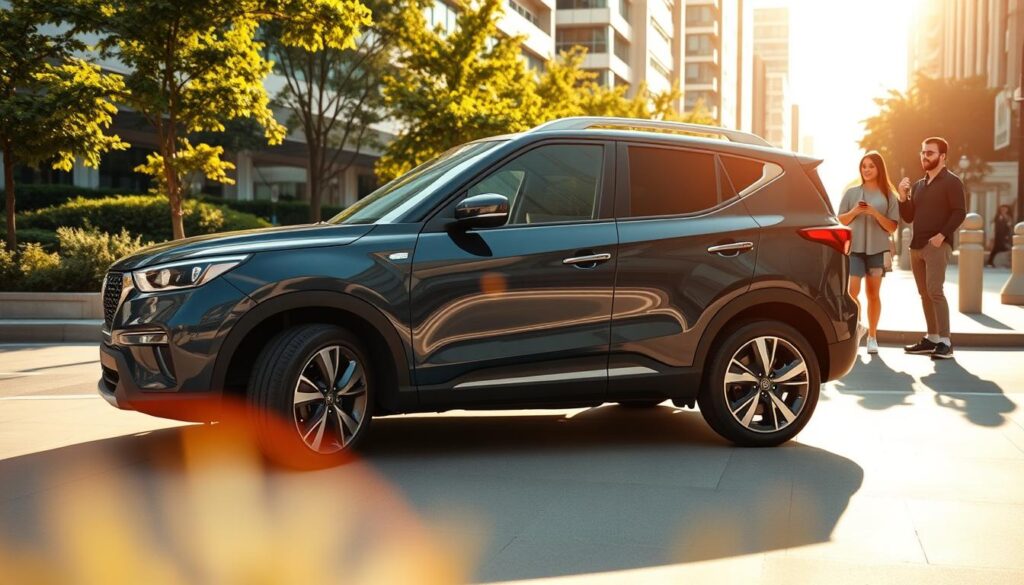 A sleek, modern compact SUV parked on a sunlit city street, showcasing its stylish design and compact size. The foreground features the SUV's glossy paint and intricate alloy wheels, reflecting the sunlight. In the middle ground, a diverse group of individuals dressed in smart casual attire examines the vehicle, discussing its features enthusiastically. The background displays a vibrant urban setting with lush greenery and contemporary architecture, enhancing the SUV's appeal as a reliable urban transport option. The lighting is bright and warm, suggesting a pleasant day, with a slight lens flare for an inviting atmosphere. The angle captures the SUV's profile and emphasizes its dynamic shape, symbolizing both reliability and modernity.
