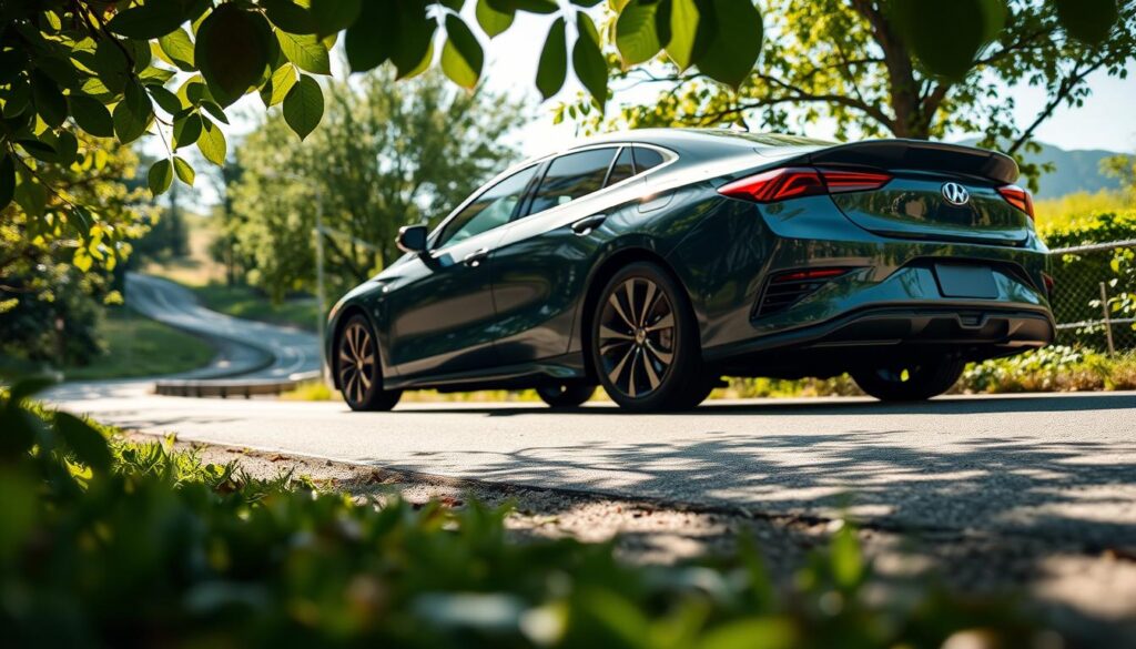 A sleek, modern hybrid car is parked in a lush green environment, with sunlight filtering through the leaves, highlighting its aerodynamic design. In the foreground, a close-up shot showcases the car's sleek lines and energy-efficient badge, emphasizing its focus on fuel efficiency. The middle ground features a winding road with smooth curves, suggesting a journey, and a distant mountain range, symbolizing exploration and adventure. The background is filled with vibrant greenery, representing sustainability and eco-friendliness. The lighting is bright and inviting, creating an optimistic atmosphere. The scene is captured from a low angle, enhancing the car's presence and emphasizing its importance in the modern driving landscape. The overall mood is inspiring and forward-thinking, reflecting the significance of fuel efficiency for today's drivers.