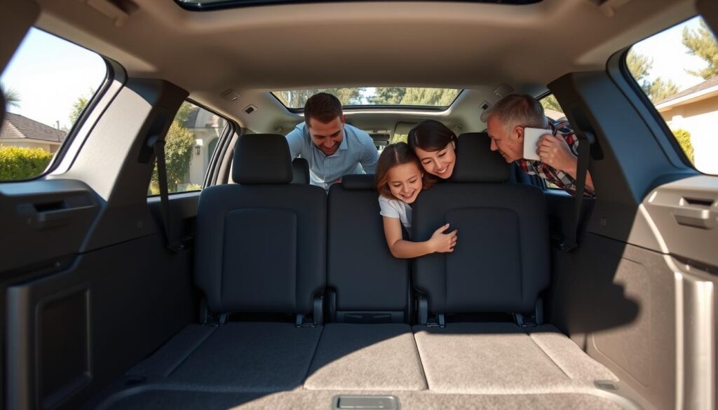 A spacious interior of a modern SUV with a focus on the third row seating arrangement. In the foreground, a family is seen examining the third row; the adults, dressed in smart casual attire, are leaning in to discuss space and comfort options for passengers. The middle ground features the SUV's open rear door, revealing a well-organized cargo area. Bright, natural daylight filters in through the windows, casting soft shadows and highlighting the plush seating materials. The background showcases a suburban driveway, with green trees and a clear blue sky, emphasizing a relaxing atmosphere. The image conveys a sense of practicality and family-oriented decision-making, perfect for assessing passenger and cargo needs.