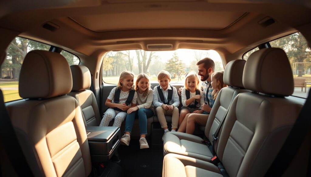 A spacious, modern SUV showcasing its third row seating in an inviting family-friendly interior. In the foreground, the plush seats of the third row are clearly visible, highlighting ample legroom and child-friendly features like cup holders and safety harnesses. The middle section features a family of four, dressed in smart casual clothing, happily engaging with each other, with a focus on their interaction. The background includes a sunlit park scene seen through the large windows, with trees and play areas visible, enhancing a sense of adventure and outdoor family fun. Use soft, natural lighting to create a warm atmosphere and a slight angle that emphasizes the spaciousness of the vehicle. A shallow depth of field keeps the focus on the interior while softly blurring the background.