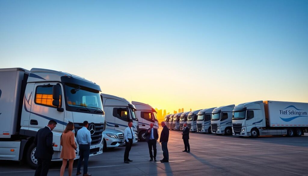 A spacious outdoor car shipping terminal in Birmingham, Michigan, showcasing several reliable transport trucks lined up with bright and shiny vehicles ready for shipping. In the foreground, a diverse professional team in business attire is discussing logistics, with a clear blue sky overhead. The middle ground features the transport trucks, each displaying the company logo and highlighting their modern design. In the background, a hint of Birmingham's city skyline can be seen, blending into a vibrant sunset that casts warm golden tones across the scene. The atmosphere is bustling yet organized, evoking a sense of trust and professionalism in the car shipping industry. Soft natural lighting enhances the clarity and details of each vehicle and the approachable demeanor of the team.